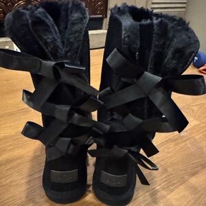 UGG Black Winter Boots with Ribbon Accents